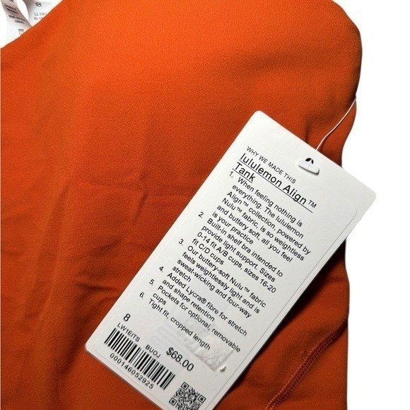 NWT Lululemon Align Tank Top Crop Length Size 8 Solar Orange - Picture 3 of 6